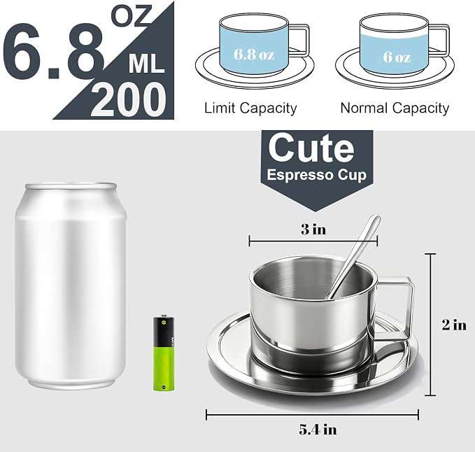 ZENFUN 4 Pack 6.8 oz Coffee Cups Set, 18/8 Stainless Steel Espresso Cup with Saucer and Spoon, Cute Coffee Mugs with Handle, Drinkware Cup for Latte, Cappuccino, Milk, Tea