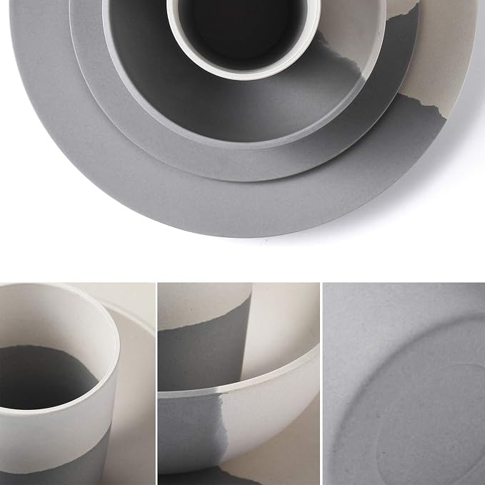MORGIANA 8 pcs Bamboo Dinnerware Set Plates Bowls Sets, Camping Picnic Dishes Tableware Set for 2 (Grey & White)