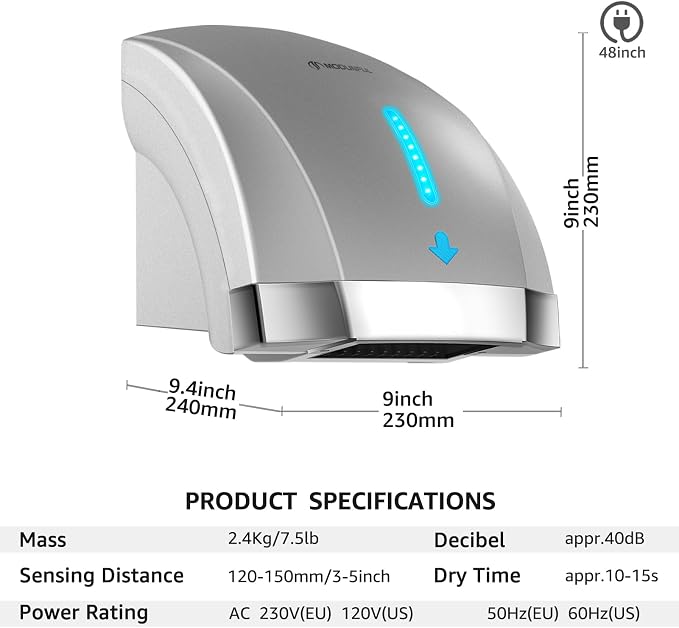 modunful Commercial Hand Dryer & Stainless Steel Soap Dispenser for High-Traffic Bathroom