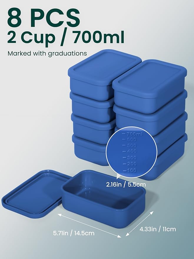 8 PCS 2 Cup Silicone Freezer Molds With Lid, Reusable Silicone Soup Freezer Tray for Meal Prep, Food Storage Containers for Freezing Sauces, Stews, Ice Cream (Blue)