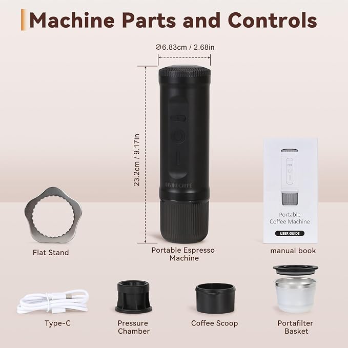 DIVINOCAFFÉ Portable Espresso Machine, 20 Bar Self Heating Travel Coffee Maker, Compatible with NS Capsules & Coffee Powder, Mini Espresso Machine for RV, Hiking, Office, Car, Black