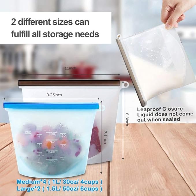 Reusable Storage Bags 15 Packs Reusable Silicone Storage Bags Set with 6 PCS Eco-Friendly Leakproof Silicone Food Storage Bags,3PCS Beeswax Wrap+6PCS Silicone Stretch Lids Cover for Meat Fruit Veggies