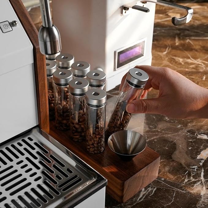 watchget 12-Piece Single Dose Coffee Bean Storage Tubes Coffee Storage Container with One-Way Exhaust Valve, Glass Vials with Walnut Wood Base And Funnel