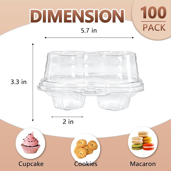 100 Pack Plastic Cupcake Containers with Lids, Disposable 2 Count Clear Cupcake Boxes Holders Carrier, Cake Storage Packaging to Go Muffin Containers for Dessert Donut Salad Bakery Wedding Party