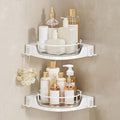 360°Rotating Corner Shower Caddy(2-Pack), No-Drill Adhesive Shower Shelf Organizer with Hooks, Lazy Susan Bathroom Storage for Bathtub, Shower Corner & Kitchen Sink, Space Saving Bathroom Organizer