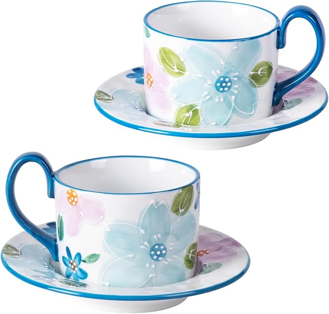 KAMMAK Tea Cups and Saucers Set of 2, Porcelain Coffee Cups, 8.5-Ounce Stackable Espresso Mugs, Ceramic Demitasse for Coffee, Latte, Americano, GX19