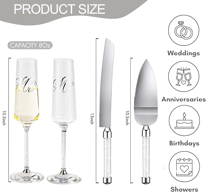 Wedding Cake Knife and Server Set, Mr and Champagne Flutes with Wedding Cake Cutting Set for Bride and Groom Toasting (Clear)
