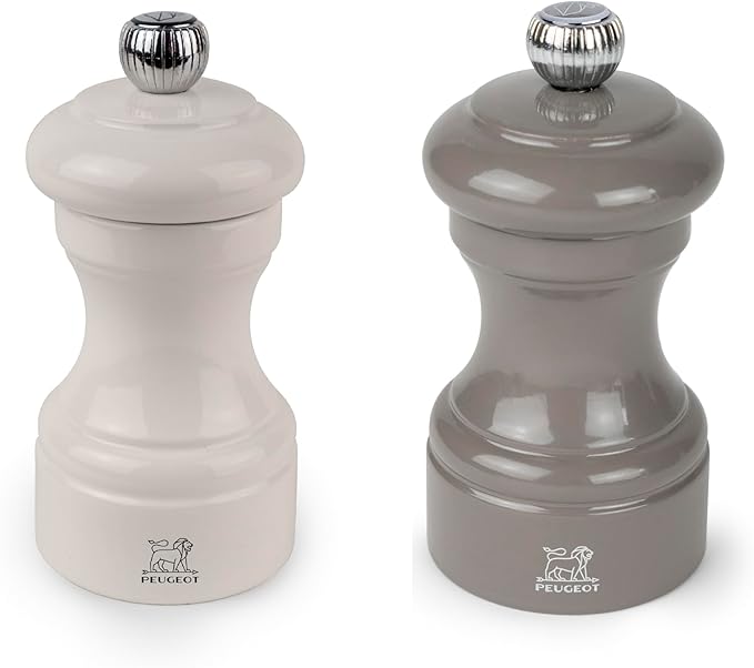 Peugeot Bistro Pepper and Salt Mill Set, 4in - Essential Kitchen Tools with Adjustable Grinding Precision, Beechwood Mills - Enhance Flavors in Everyday Cooking (Ivory/Grey)