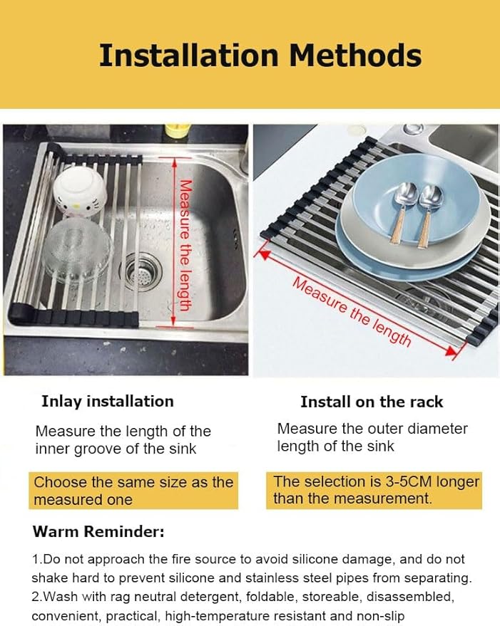 1 2 4 Set Telescopic Drain Rack Roll Up Rack Heat-Resistant, Non-Slip Silicone Rolling Dish Drainer, Kitchen Stainless Steel Over The Sink Dish Drying Rack Mat(1PC,W 34.5cm/13.6in)