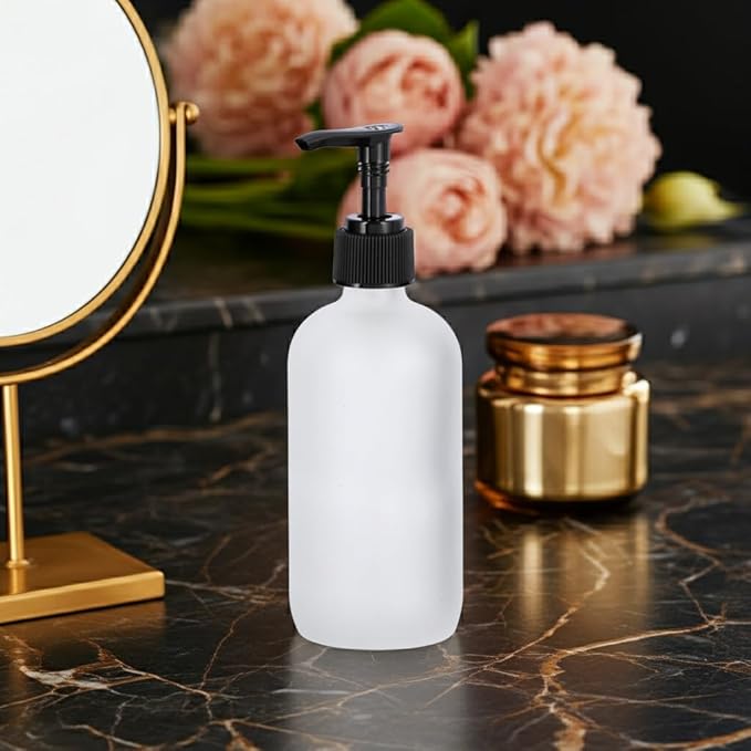 JUVITUS (12 pack) 8 oz / 240 ml Frosted Clear Glass Boston Round Empty Bottle with Black Lotion Pump