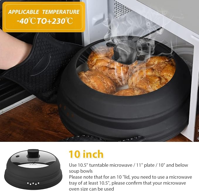 Microwave Splatter Cover Glass Cover Guard Lid with Collapsible Silicone for Food Pot Plate Cover 11.8 inch Black