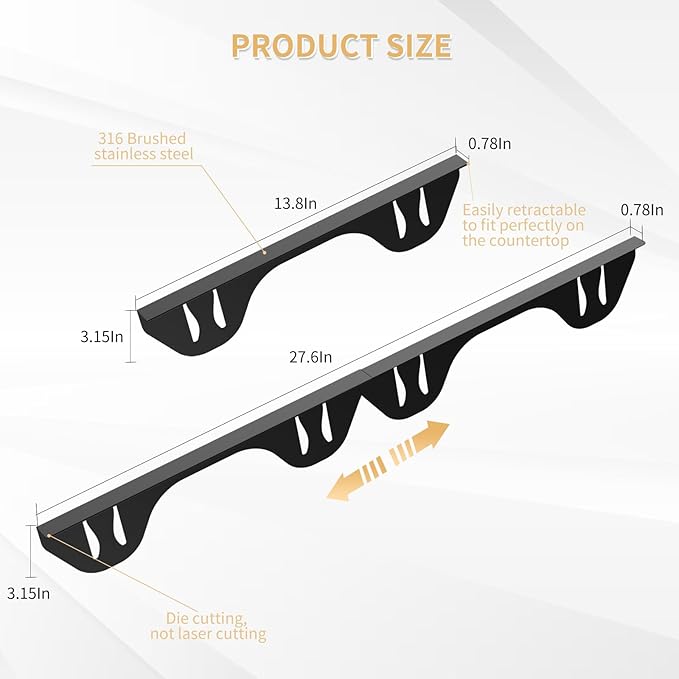 316 Stainless Steel Stove Gap Covers,2 Pack Stove Gap Filler,Range Trim Kit,Heat-Resistant Stove Gap Guard,Easy Retractable Length 13.8" to 27.5",Width 0.78",Black