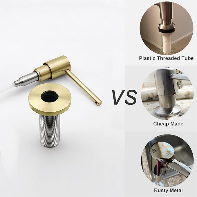 EADOT Brushed Gold All Brass Sink Soap Dispenser for Kitchen Sink Deck Mounted with 17 OZ Above The Sink Refillable PET Bottle Brass Pump Head in Counter Dish Soap Dispenser