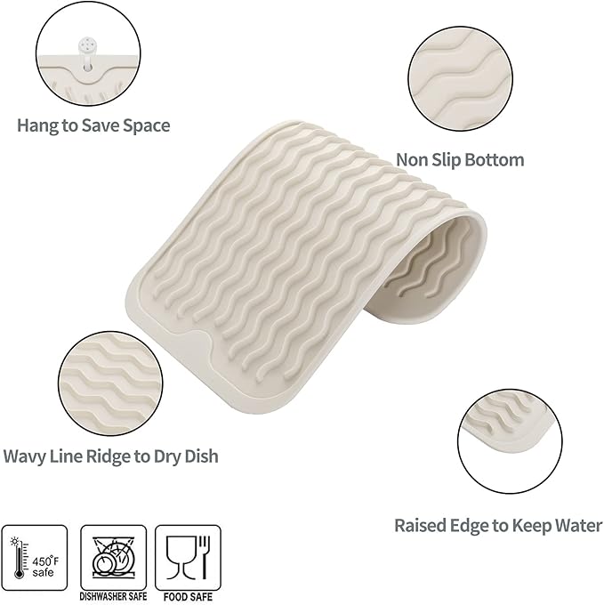 MicoYang Silicone Dish Drying Mat for Multiple Usage,Easy clean,Eco-friendly,Heat-resistant Silicone Mat for Kitchen Counter or Sink,Refrigerator or Drawer Liner Tapioca S 12 inches x 6 inches