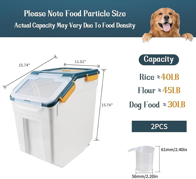 50LB Large Flour Storage Container Bin,2 Pack Airtight Plastic with Wheels Seal Locking Lid Dispenser Organizer Bin with Measuring Cup & Scoop for Flour, Rice, Grain 100LBS Total Capacity(Blue)