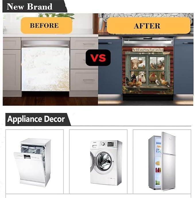 Farmhouse Animals Dishwasher Magnetic Cover,Rooster Refrigerator Magnet Cover Panel Decal, Cow Washing Machine Front Cover Magnetic Cover,Christian Appliance Panel Sticker,23"x17"