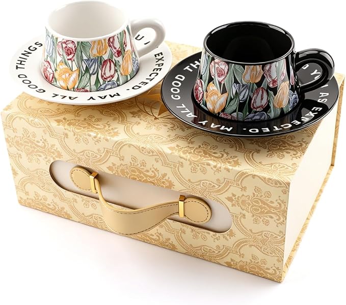 Tea Cup and Saucer Set Floral Design Porcelain Ceramic Coffee Cup Sets with Box Dishwasher Safe Set 9.8 oz Christmas Thanksgiving Gifts