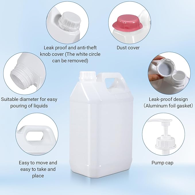 2 Pack 2.5 Gal Plastic F-Style Jug Reusable Food-Safe, Heavy-Duty HDPE Containers for Water, Sauces, Soaps, Detergents, Honey Liquids with Screw-On Cap and Pump Cap (Translucent)