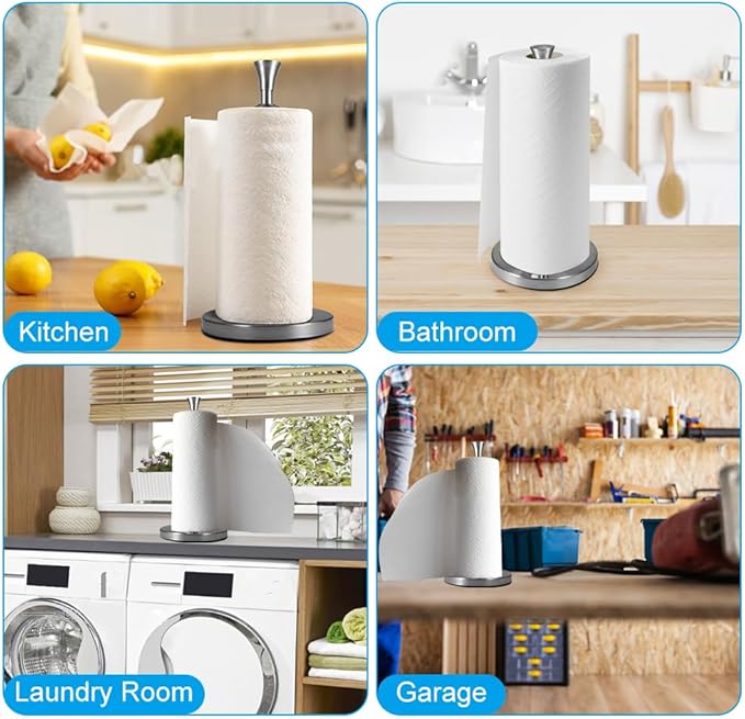 Picowe Stainless Steel Paper Towel Holder, Designed for Easy One-Handed Operation, Sturdy Weighted with Suction Cups Paper Towel Dispenser Countertop, FIt for Standard Paper Towel Rolls