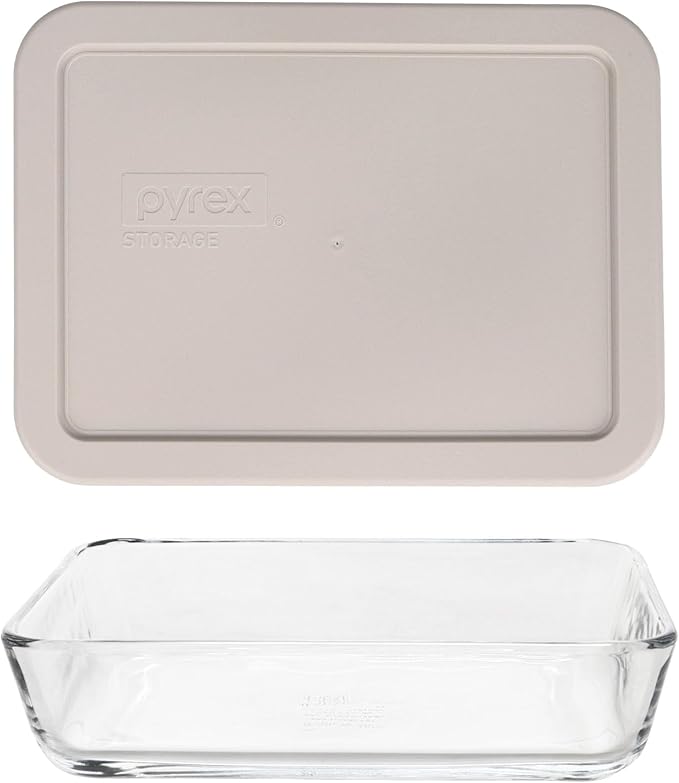 Pyrex 7210 3-Cup Glass Dish & 7210-PC Warm Stone Gray Food Storage Lid (2-Pack) - Made in USA