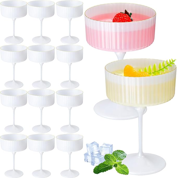 Jingmore 12 Pcs Ribbed Martini Glasses 10 oz Disposable Plastic Vintage Ribbed Coupe Glasses with Gold Rim Cocktail Unbreakable Dessert Parfait Glassware for Wedding Party Supplies (Pearl White)