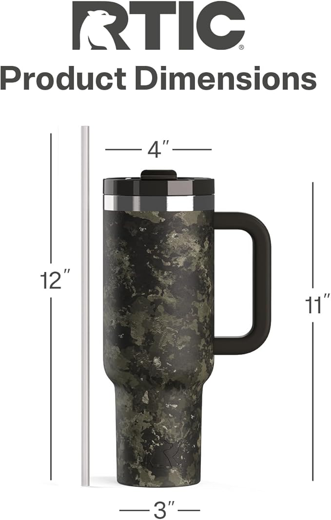 RTIC 40 oz Road Trip Tumbler Double-Walled Cermaic Lined Insulated Stainless Steel Portable Travel Coffee Mug Cup with Lid, Handle and Straw, Olive Midnight Camo