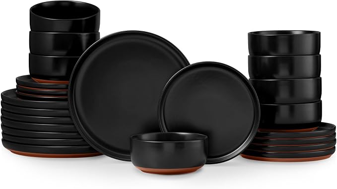 E-far 24-Piece Stoneware Plates and Bowls Sets, Dinnerware Sets for 8, Ceramic Dishware Dishes Set with Terracotta Base, Chip & Scratch Resistant, Microwave & Dishwasher Safe, Matte Black