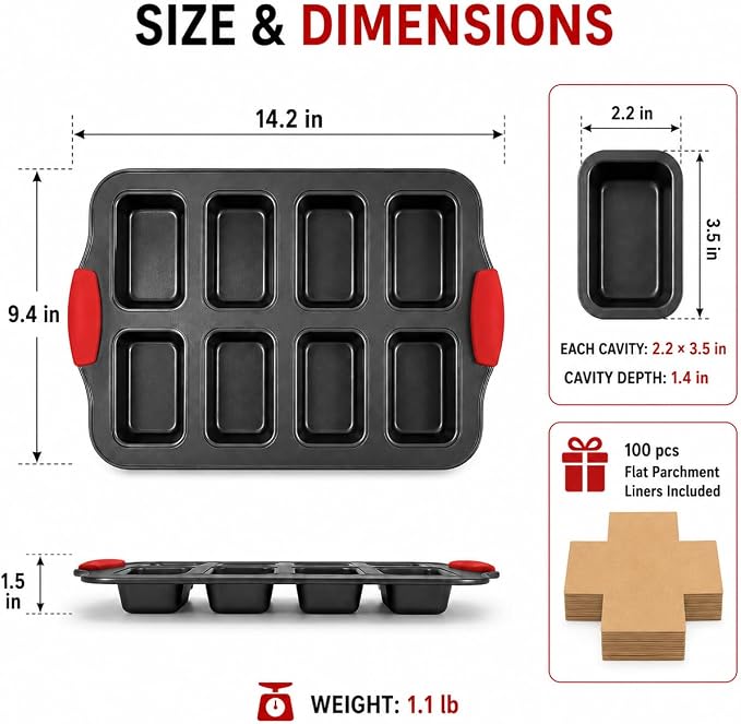 Mini Loaf Baking Pans, 2 Pack 8-Cavity Carbon Steel Banana Bread Pan and 100 Parchment Liners, Nonstick Mini Loaf Pan for Baking Bread, Cornbread, Brownies