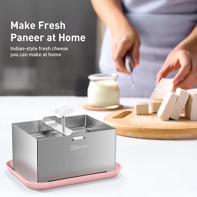 Tofu Press Stainless Steel, Paneer Maker with Tofu Press Cloth and Drip Tray, Improves Tofu Flavor and Texture, for Homemade Tofu, Paneer Press and Cheese Press, Multi-Functional Kitchen Tool（Pink）