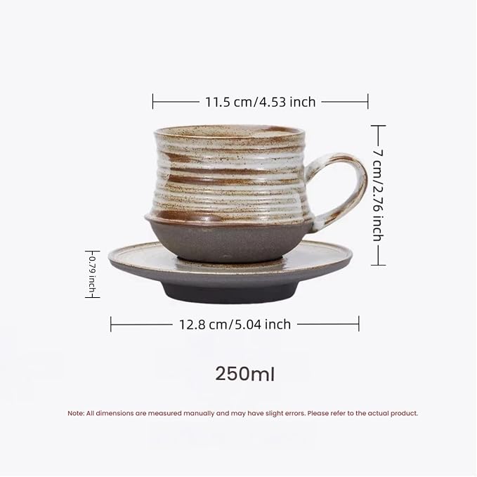 210ml Ceramic Mug Saucer Set Home Wabi Sabi | retro, artisan, original design, minimalist, durable, latte, afternoon tea