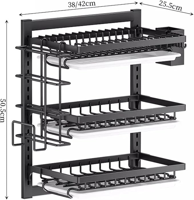 Wall Mounted Dish Drying Rack,Large Dish Drainer Drying Rack for Kitchen Counter,Multi-Level Kitchen Organizer with Drainboard Double-Layer Model(White,3 Tier 38cm)