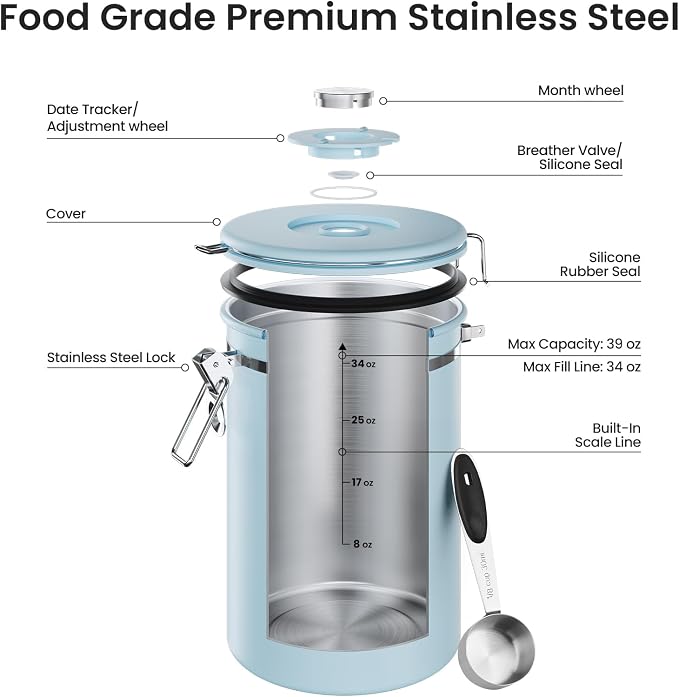 Veken Coffee Canister, 39OZ Large, Airtight Stainless Steel Food Storage Container for 2.2lbs Coffee Beans, Ground, Sugar, Tea, Cookie, Flour, Kitchen Bar Accessories with Date Tracker & Scoop, Blue