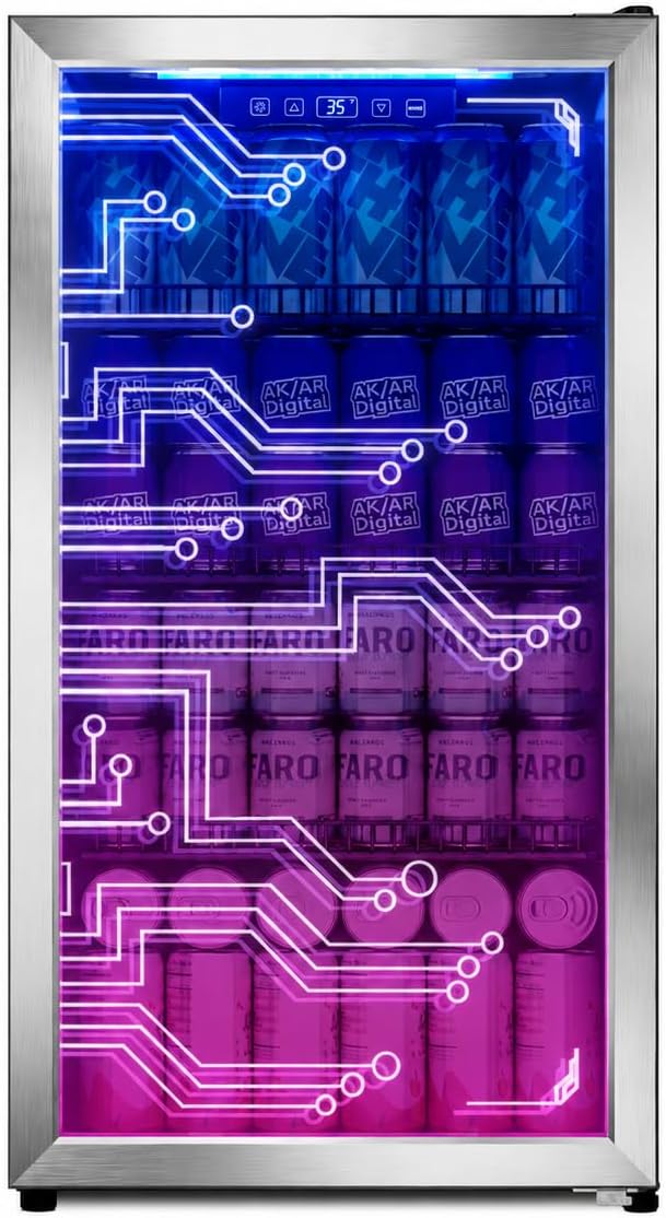 Tehanld 3.2 Cu.Ft Beverage Refrigerator, 130 Can Freestanding Drink Fridge with Glass Door and LED Light, Digital Temperature Control 35-65°F, Fan Cooling, Adjustable Shelves for Soda, Beer, Wine