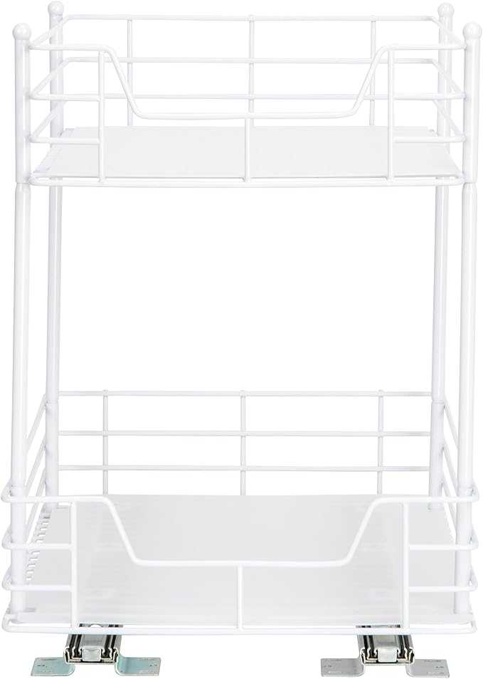 Household Essentials Glidez Steel Pull-Out/Slide-Out Storage Organizer with Plastic Liners for Under Cabinet or Wire Shelf Use - 2 -Tier Design, White