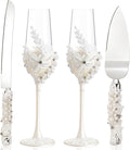 Boao Pearl Wedding Champagne Flutes and Cake Knife Server Set of 4, Champagne Flutes Toasting Glasses with Pearls for Bride and Groom Engagement Anniversary Bridal Shower Gifts (Mr and Mrs,Rose Gold)