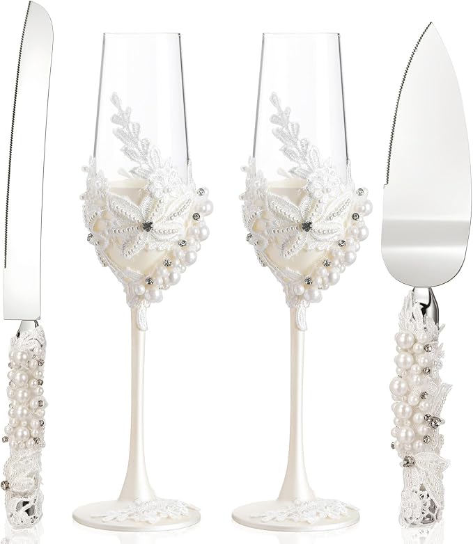 Boao Pearl Wedding Champagne Flutes and Cake Knife Server Set of 4, Champagne Flutes Toasting Glasses with Pearls for Bride and Groom Engagement Anniversary Bridal Shower Gifts (Mr and Mrs,Rose Gold)