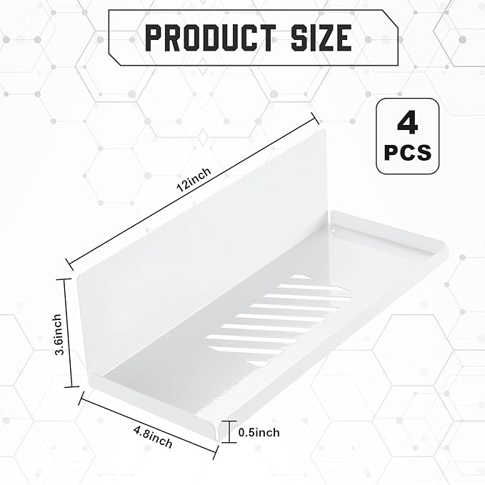 Therwen 4 Pack Magnetic Pegboard Shelves Wall Organizer Metal Pegboard Shelf Steel Tray Accessories Organizing Tools for Craft Home Kitchen(12 x 4.8 x 3.6 Inches,White)