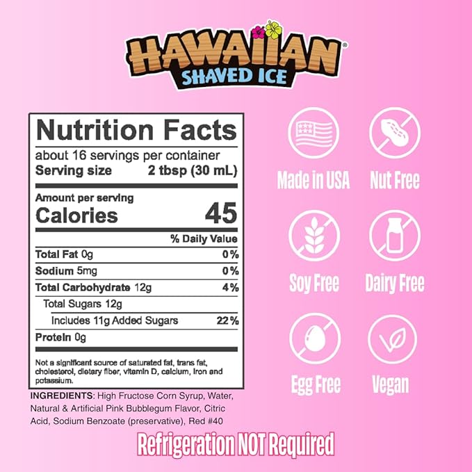 Hawaiian Shaved Ice Pink Bubble Gum Syrup - Nut Soy Dairy Free - Flavor Fluffy & Crunchy Snow Cones - Shelf Stable - Makes 8 Servings - 16 ounces