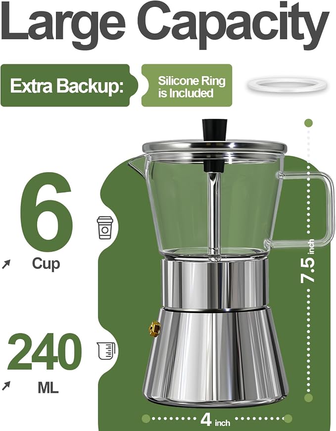Grasseed Crystal Glass-Top Moka Pot, Polished Stainless Steel Stovetop Espresso Maker for Italian Coffee, Gift for Coffee Lovers - 6 Cup/240ml/8.4oz