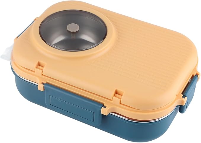 Tbest Thermal Lu Box For Hot Food Thermal Tazon,Lu Box Lu Box Thermal Lu Box 1100Ml Double Layer 3 Grid Design 304 Stainl Steel Box With Chopsticks Spoon Soup Bowl G (Blue Yellow)