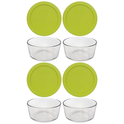 Pyrex 7201 4 Cup Glass Bowls & 7201-PC Edamame Green Food Storage Replacement Lids (4-Pack) - Made in USA