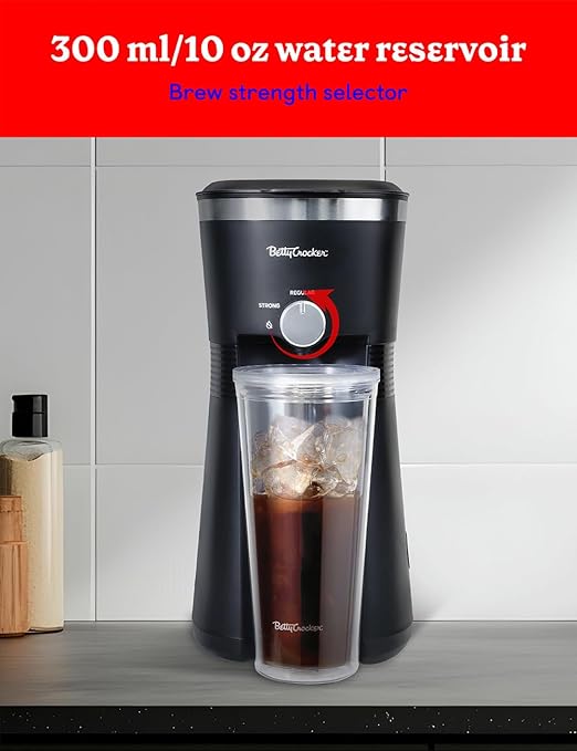 Betty Crocker Coffee Maker for Iced & Hot Brew, Brews in 4 Minutes, Compact Iced Coffee Machine with Chrome Accents, Reusable Filter, BPA-Free 20-Oz Tumbler & Straw, BC-4869B, Black