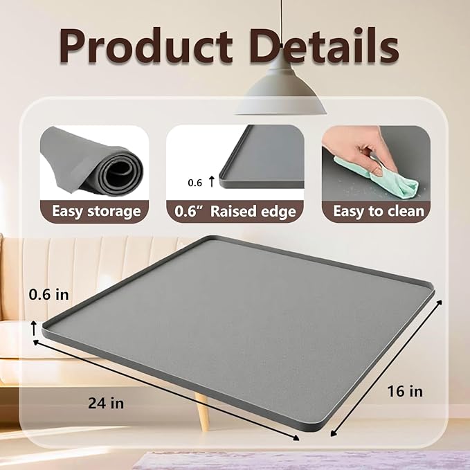 Water Cooler Mat, 24x16 Inch Silicone Drip Tray with Raised Edge, Non-Slip Appliance Protector Pad for Hardwood Floors & Carpets, Kitchen, Pet Feeding Area, Door Entry - Easy Clean (Gray）