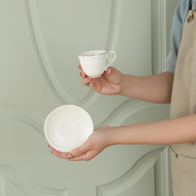 3 Ounce Porcelain Espresso Coffee Cups & Saucers Set, Handcraft Golden Trim, Set of 6