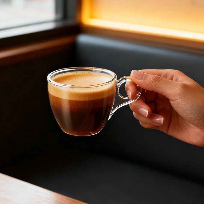 Glass Coffee Mugs with Handle - 6 oz Clear Small Glass Tea Cups for Tea, Espresso Coffee, Hot Chocolate, Dishwasher Safe