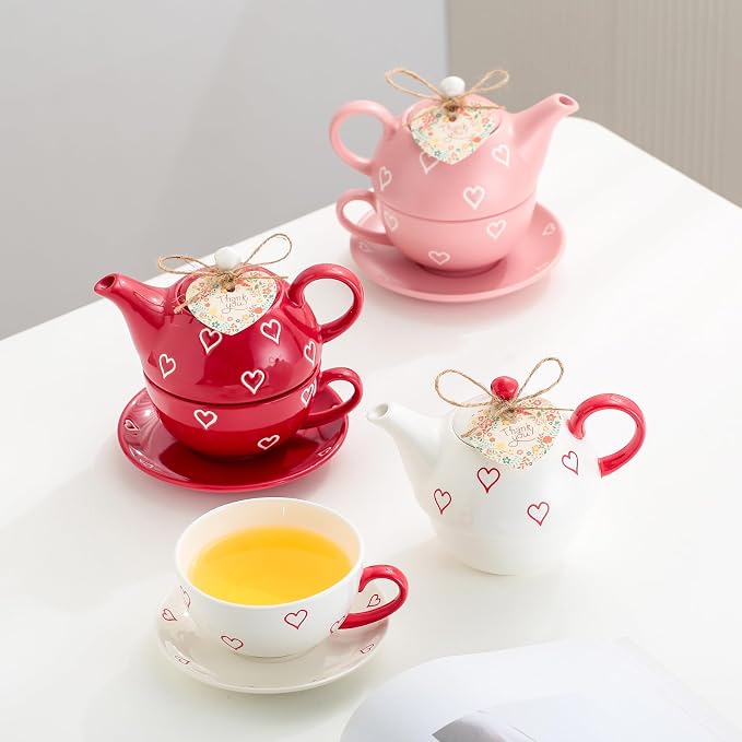 Domini Teapot cup combo,Teapot and Teacup for One,Tea Cup and Saucer Set-Tea Pot Set Gift for Girl Women,Bright red