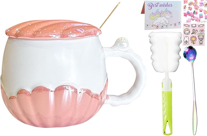 Pearl Ceramic Coffee Mug for Tea Latte Milk Cute Love Shape Cup for Home Office Women Gift 6.5 oz (Shell Round Pink, 350 ml)