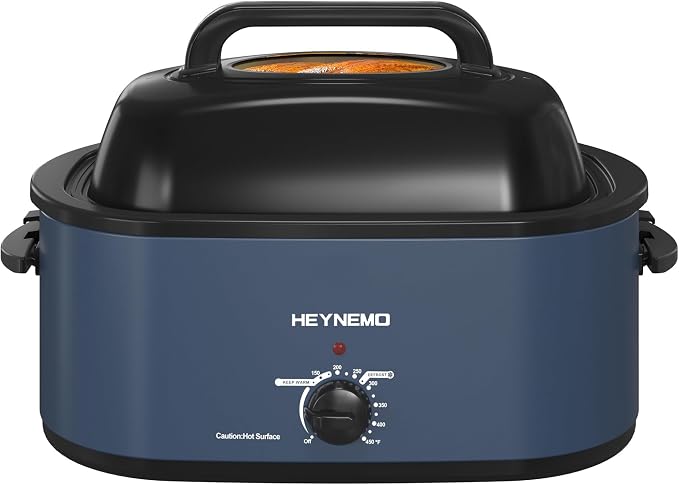 22 Quart Roaster Oven with Viewing Self-Basting Lid, Large Electric Turkey Roaster Oven with Defrost & Warm Function, Adjustable Temperature, Removable Pan & Rack, Stainless Steel, Blue