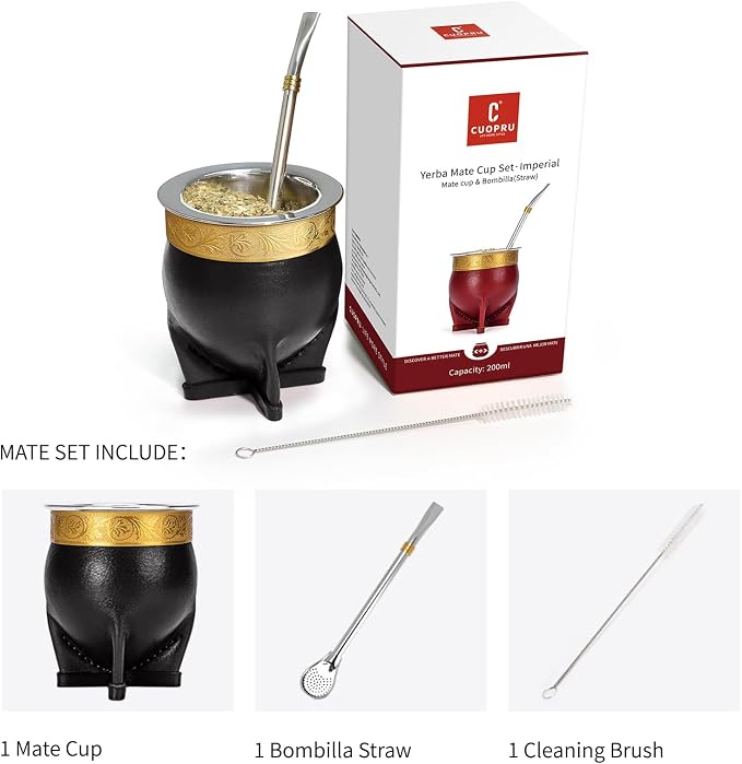 Cuopru Premium Argentina Imperial Yerba Mate Cup with Bombilla Mate (Straw) Set, Baroque Style, Leather Gourd, 304 Stainless Steel Inner (Black)