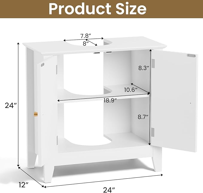 Under Sink Bathroom Cabinet with U-Shape Cutout for Pedestal Sink, Storage Cabinet with 2 Doors, Adjustable Shelf, Freestanding Floor Cabinet, Space-Saving Organizer for Bathroom (White)